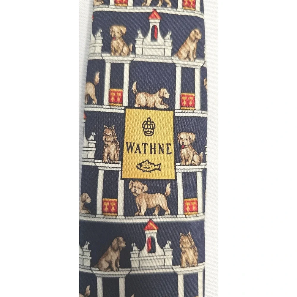 VTG Wathne Silk Tie‎ Dog Lover Novelty Print Animal Pattern Navy Necktie 80s 90s